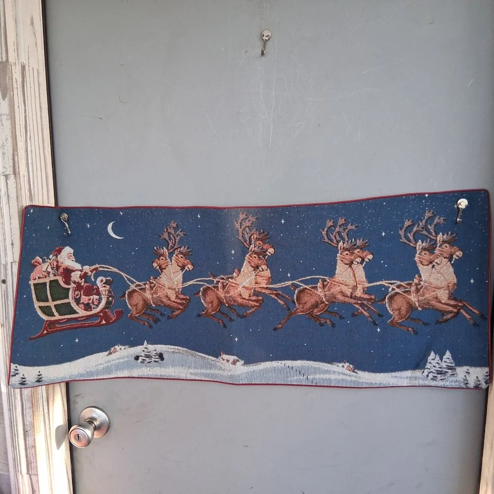 Vintage Christmas Woven Tapestry Wall Hanging Santa Sleigh Reindeer 32